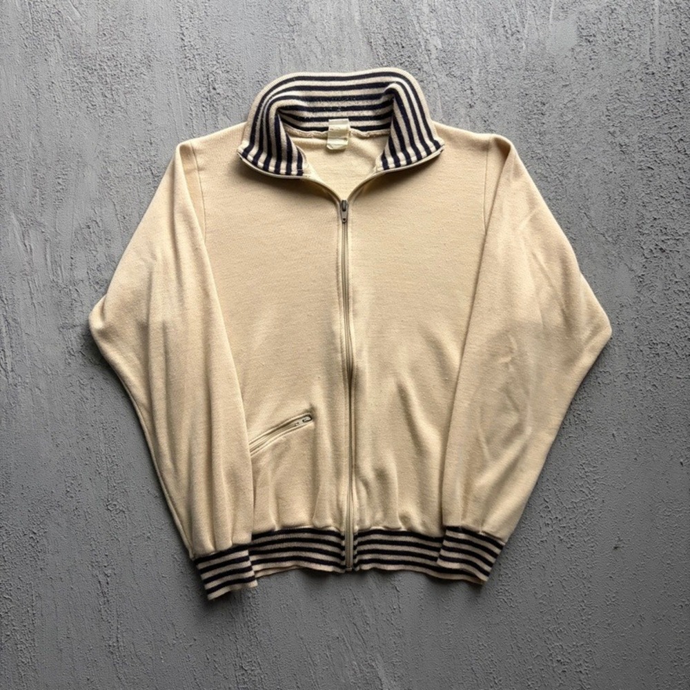 Vintage Striped Track Jacket Zip Up Track Medium Beige 1970s